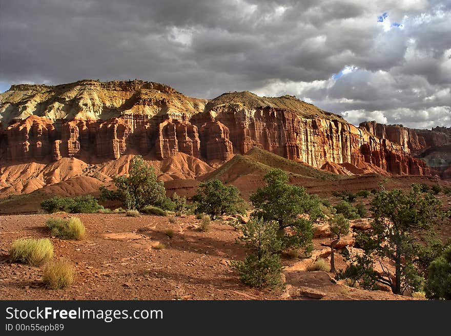 The well-known canyon of red rocks, clouds and a tree. The well-known canyon of red rocks, clouds and a tree