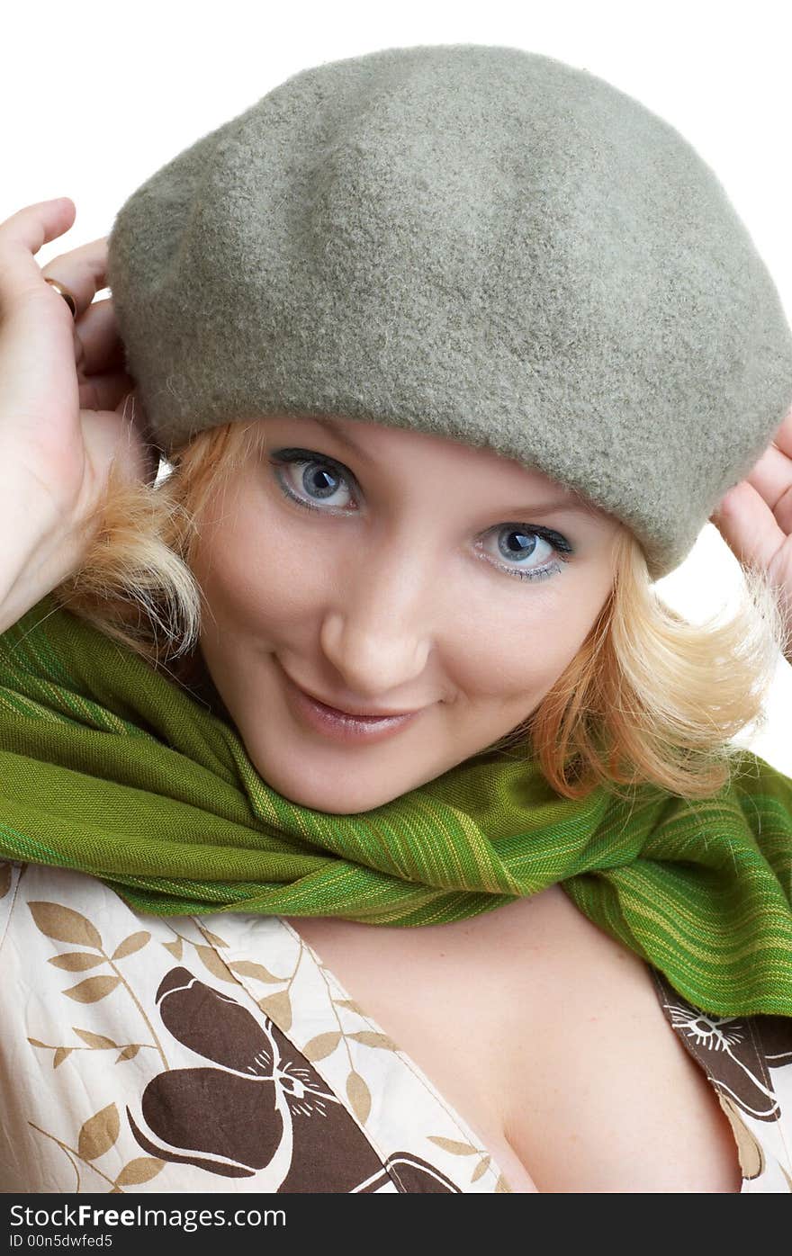 Portrait of expressing positivity cute blond girl with green scarf (series)