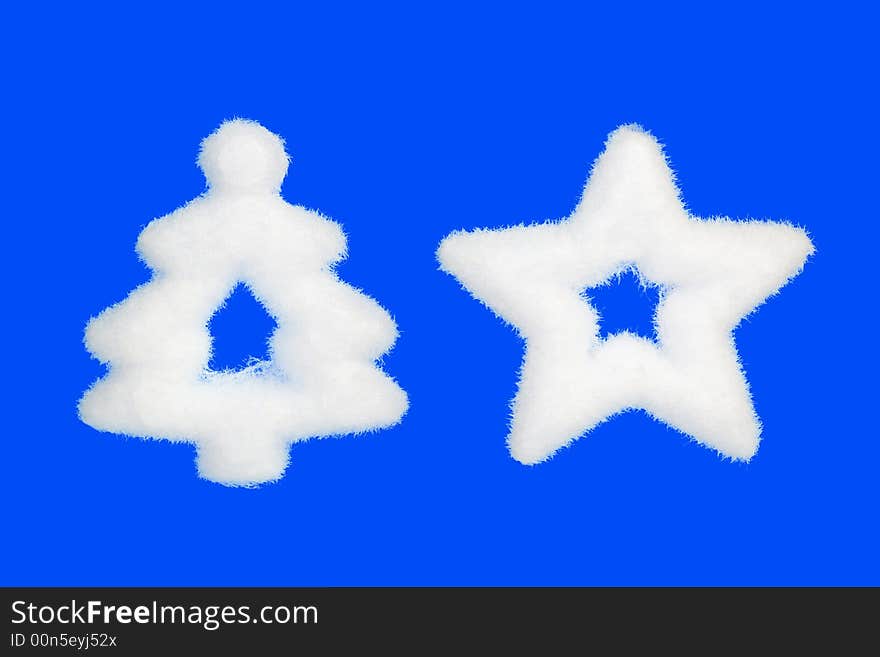 Snow christmas tree and star, isolated on blue