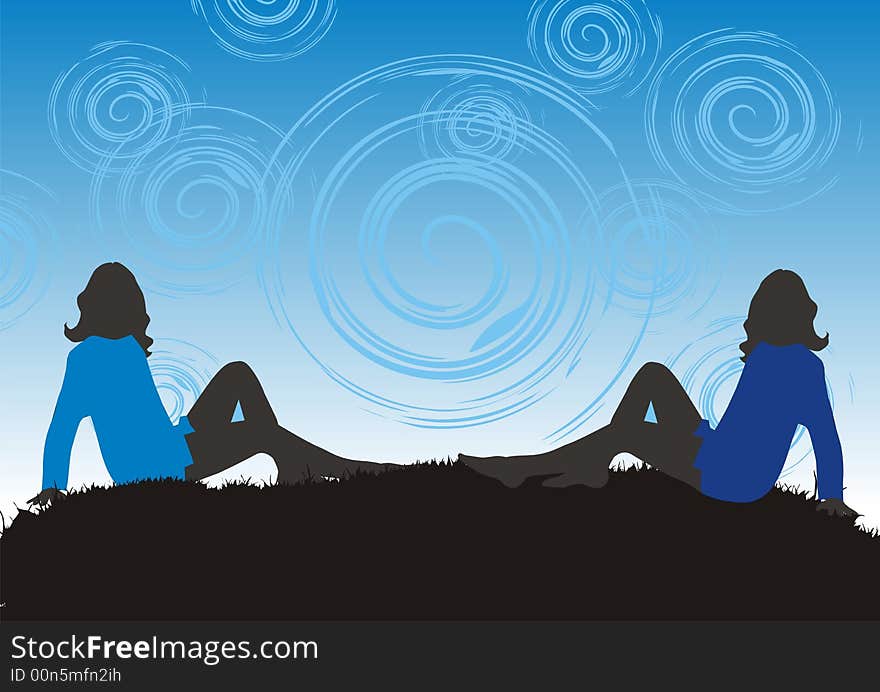 Womans on grass, background, illustration