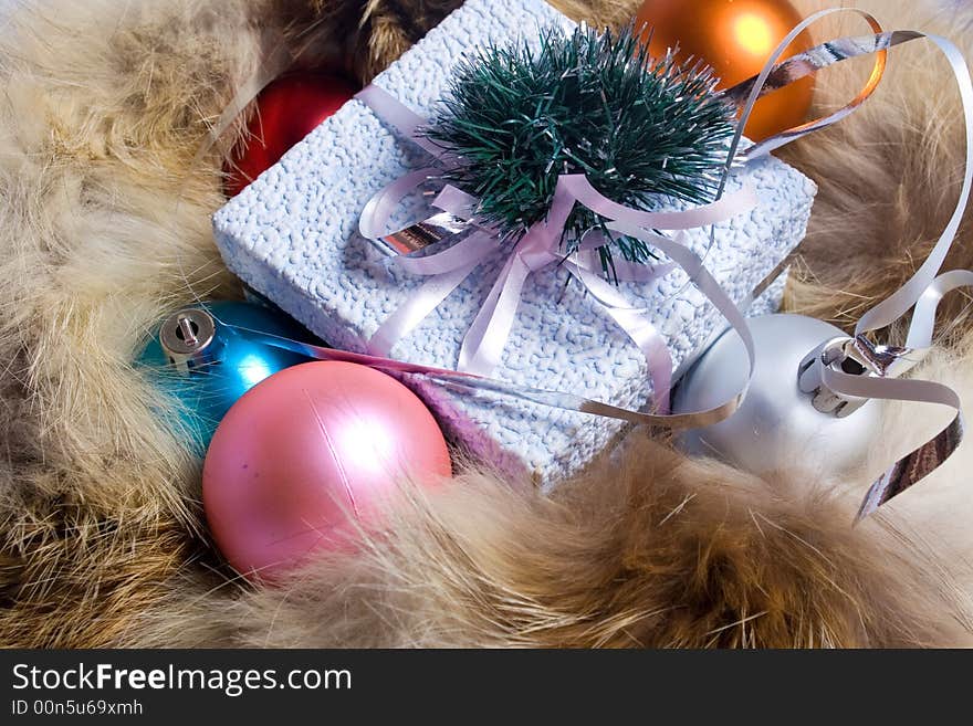 Colors balls and box with present. Colors balls and box with present