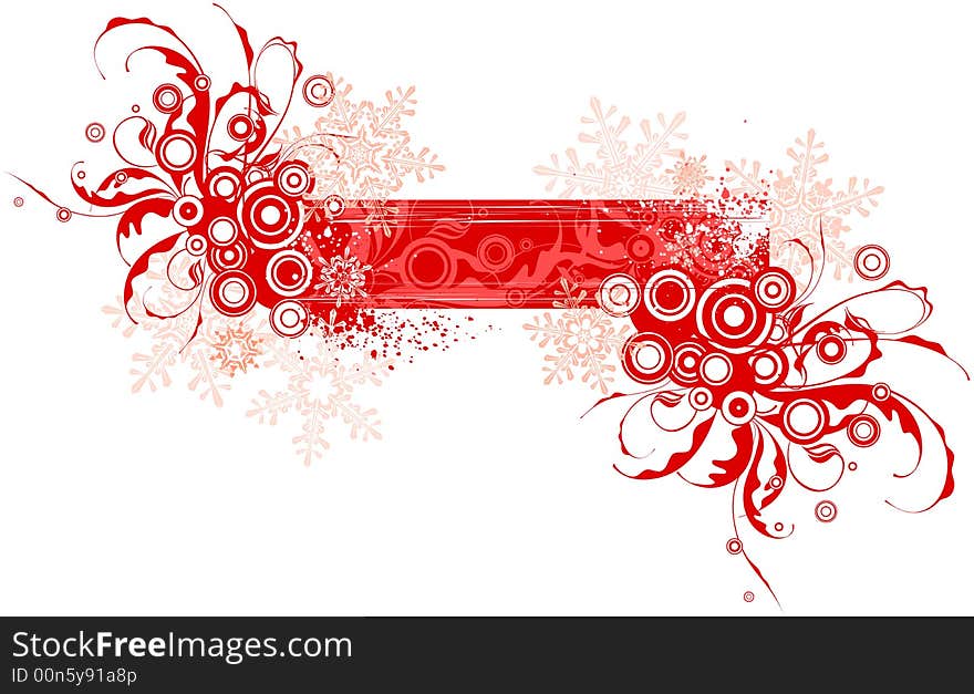 Red floral banner and snowflakes. Red floral banner and snowflakes