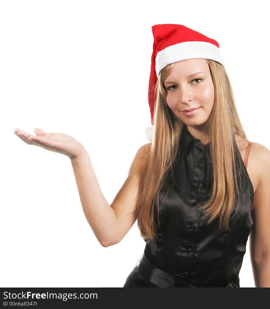 Mrs. Santa holding something on her hand isolated over white background. Mrs. Santa holding something on her hand isolated over white background