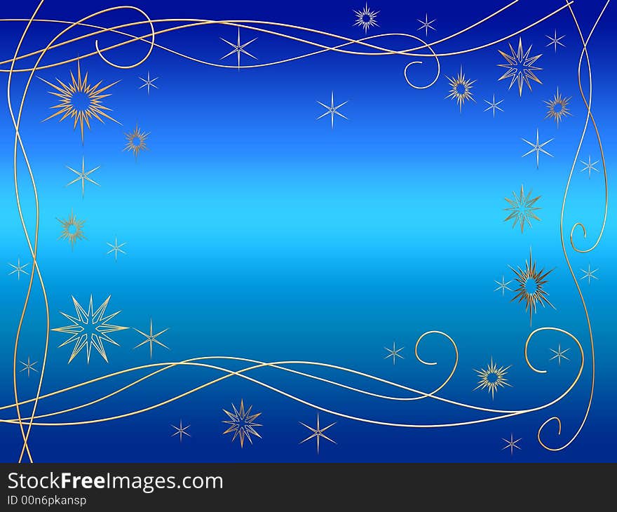 3d golden snowflakes over blue background with feather center. 3d golden snowflakes over blue background with feather center