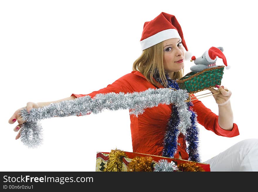 Beautiful woman with christmas decoration on isolated background