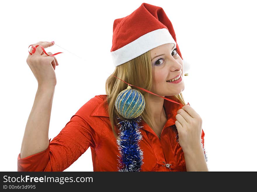 Beautiful woman with christmas decoration on isolated background