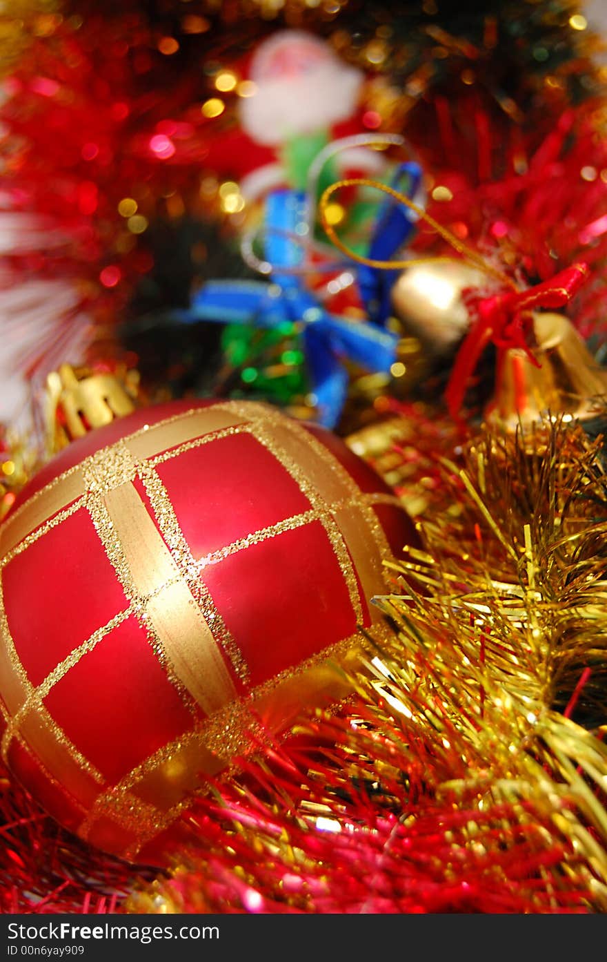 Christmas red and yellow ball, glare, other decoration. Christmas red and yellow ball, glare, other decoration