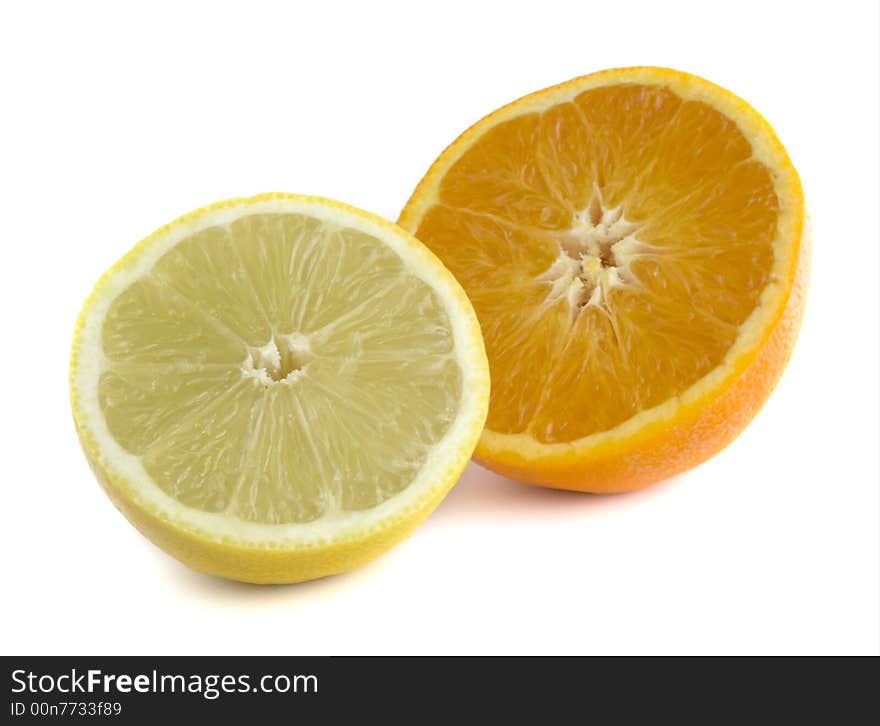 Orange & Lemon: Straight Product Shot taken in Studio in Natural Light isolated against White Background. Orange & Lemon: Straight Product Shot taken in Studio in Natural Light isolated against White Background