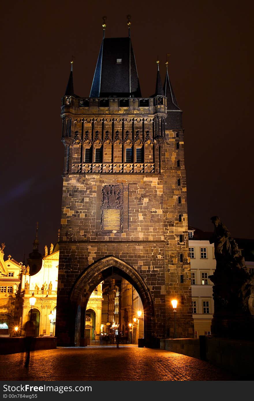 Ancient stone bridge tower night scene