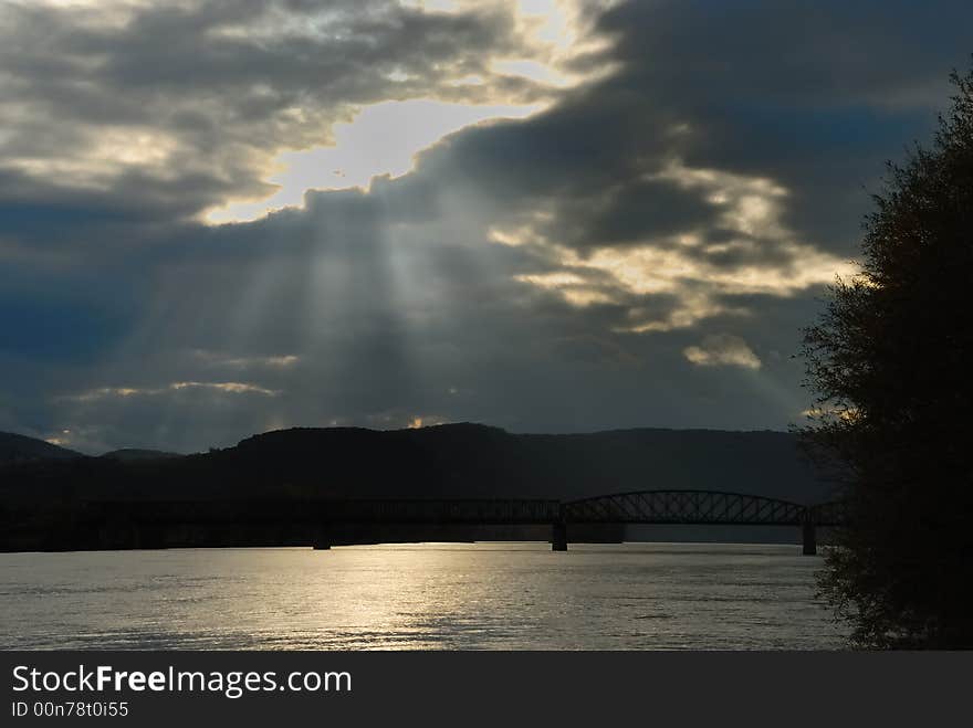 Thunderstorm mood on the Danube with bridge at Krems. Thunderstorm mood on the Danube with bridge at Krems