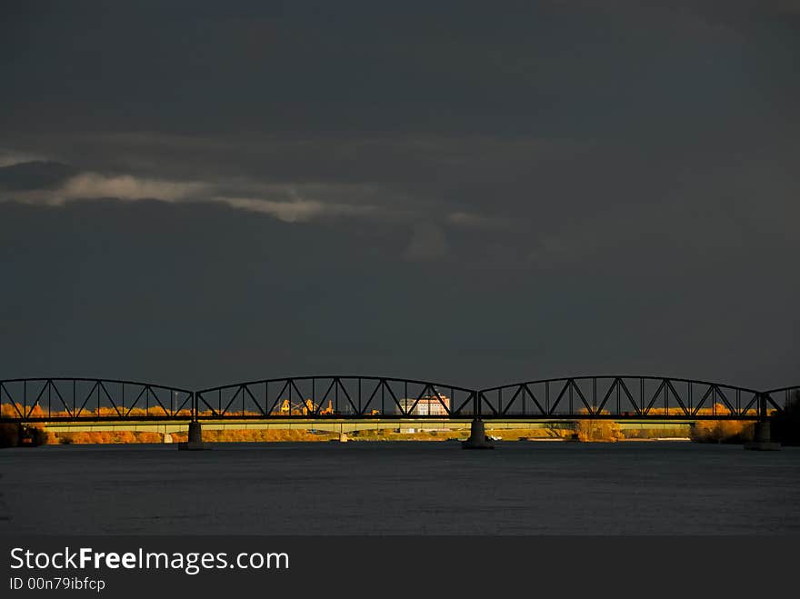 Thunderstorm mood on the Danube with bridge at Krems. Thunderstorm mood on the Danube with bridge at Krems