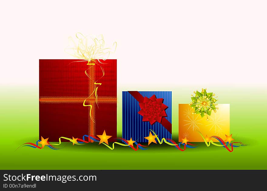 A clip art illustration of Christmas gifts wrapped in bright colors. A clip art illustration of Christmas gifts wrapped in bright colors