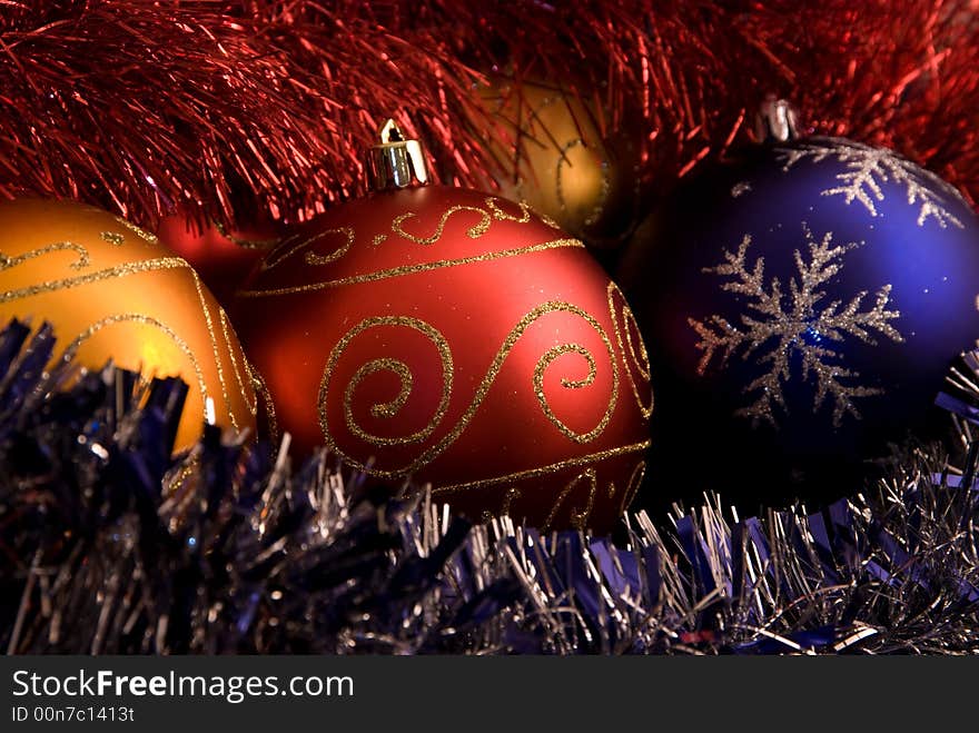 Blue red and yellow christmas balls