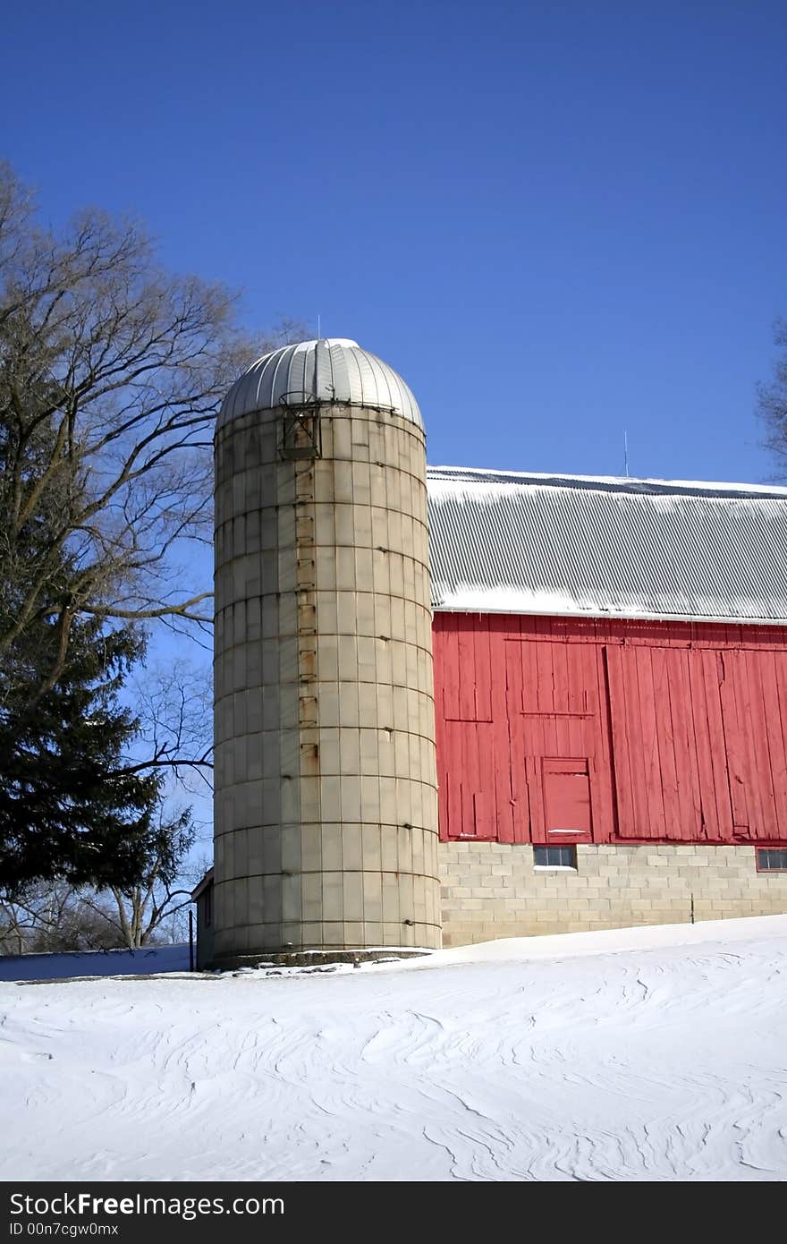 Red barn on bright winter day in michigan