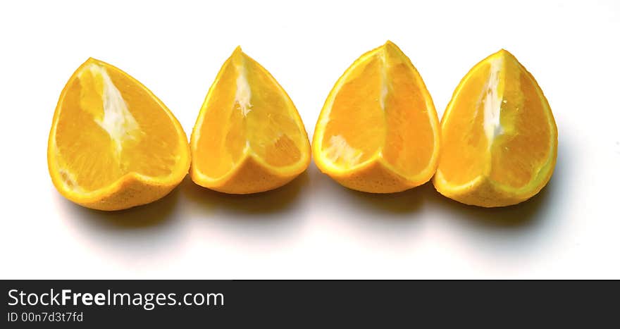 Juicy orange segments on a white background