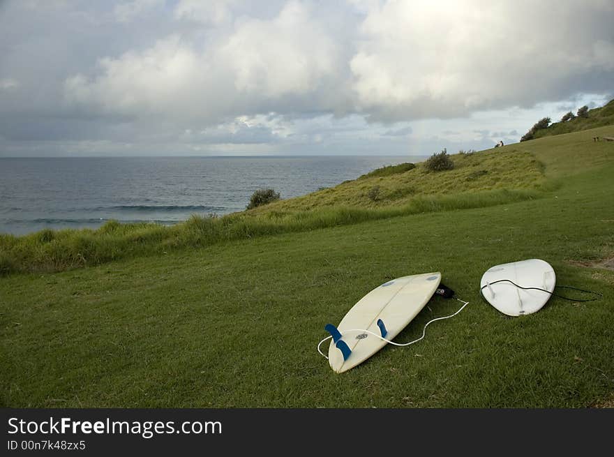 Surfboards on the grass, Australia