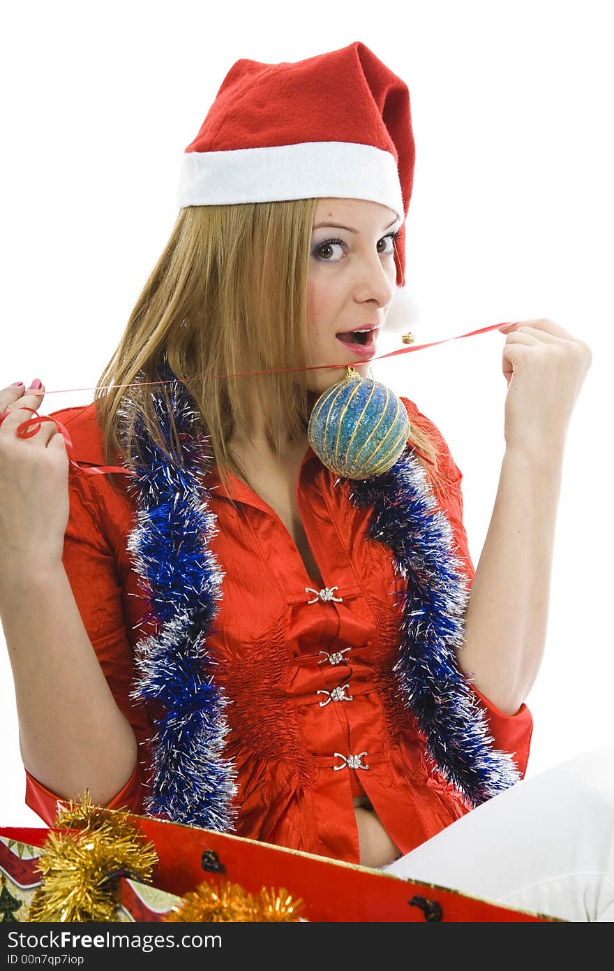 Beautiful woman with christmas decoration on isolated background