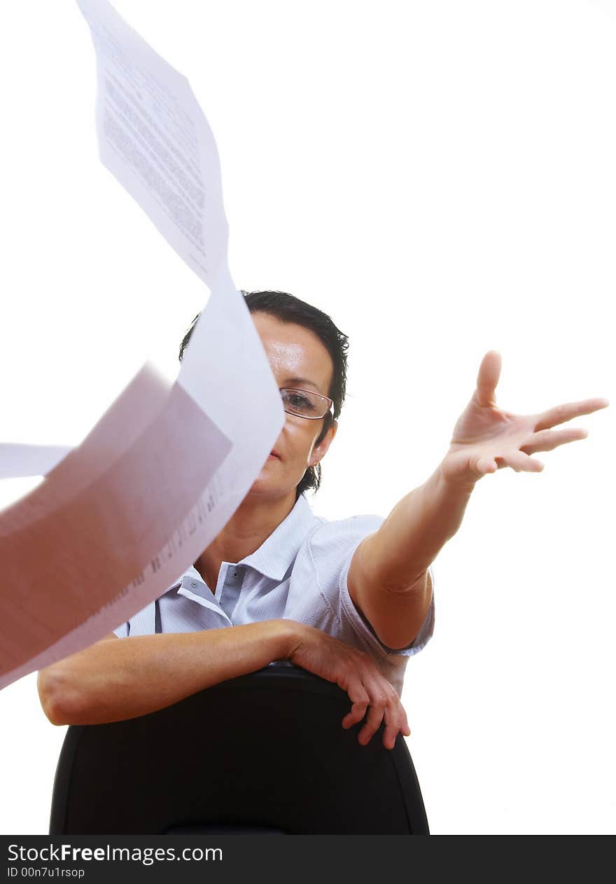 Portrait of businesswoman  casting her papers away emotionally. Portrait of businesswoman  casting her papers away emotionally