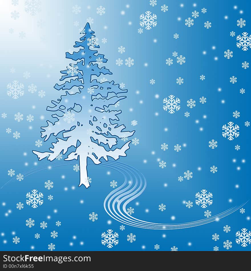 Christmas background. A fur-tree on a background of falling snowflakes.