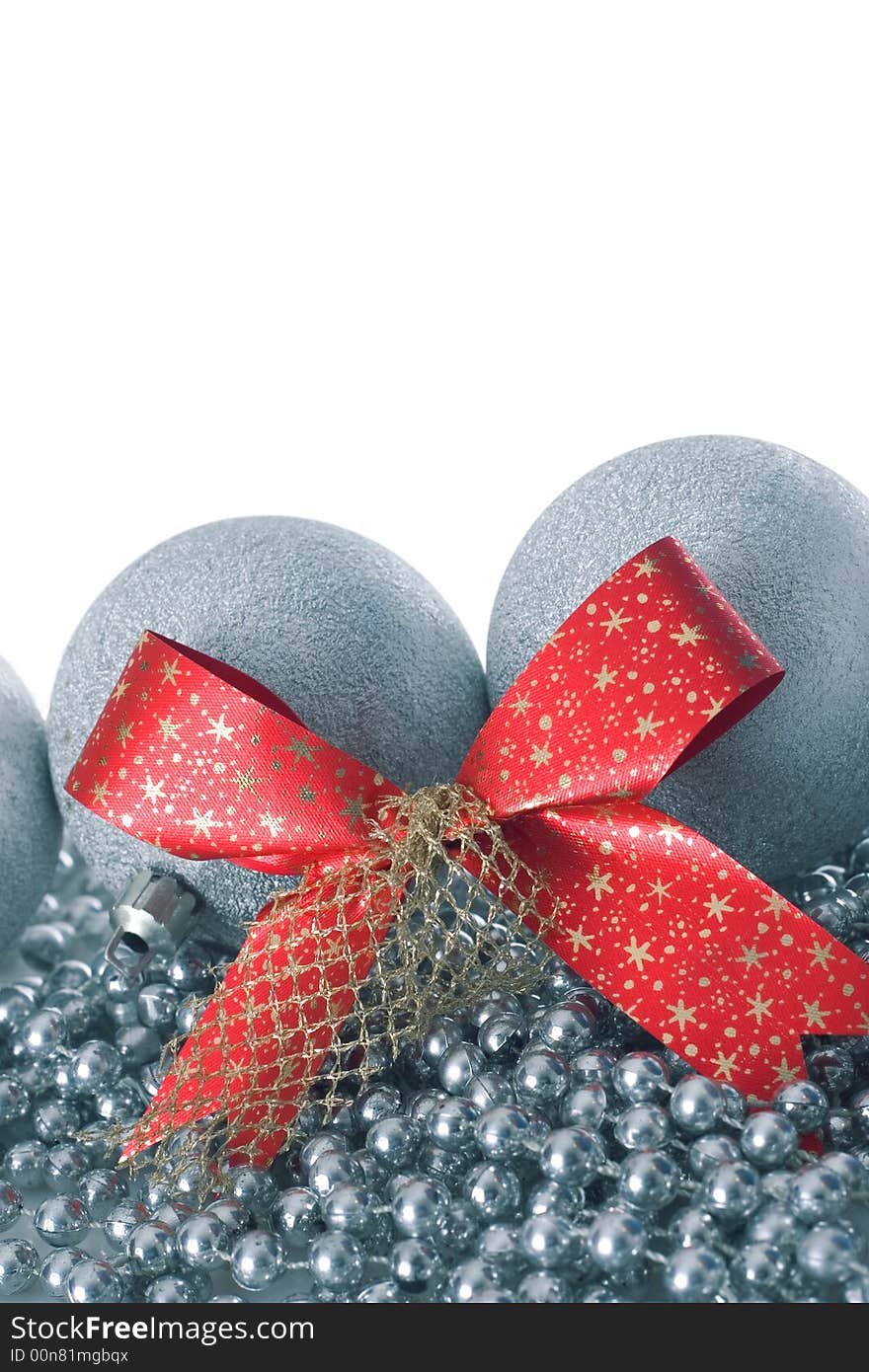 Silver Christmas Balls And Red Ribbon