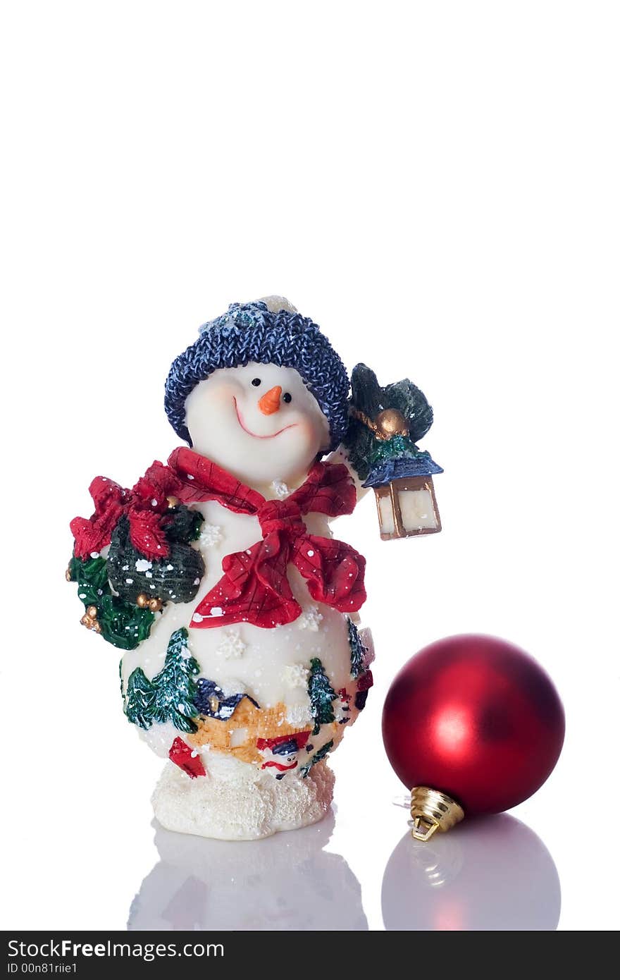 Snowman and red christmas ball