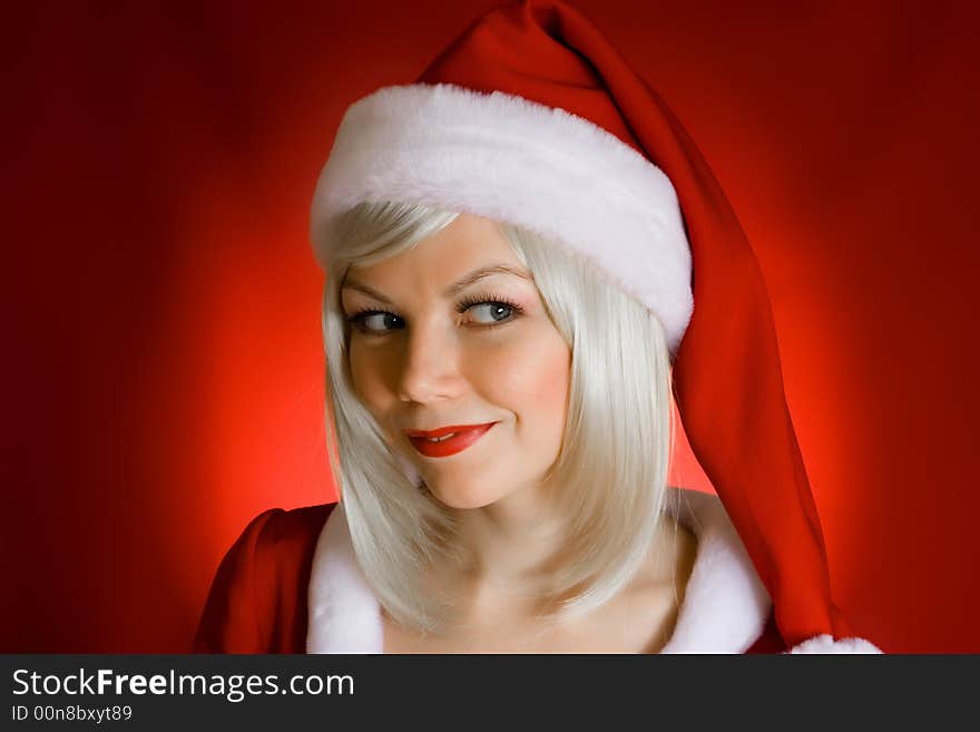 Christmas girl on red Background