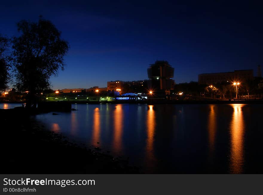 Reflection of night quay.  Russia. Rostov-on-Don