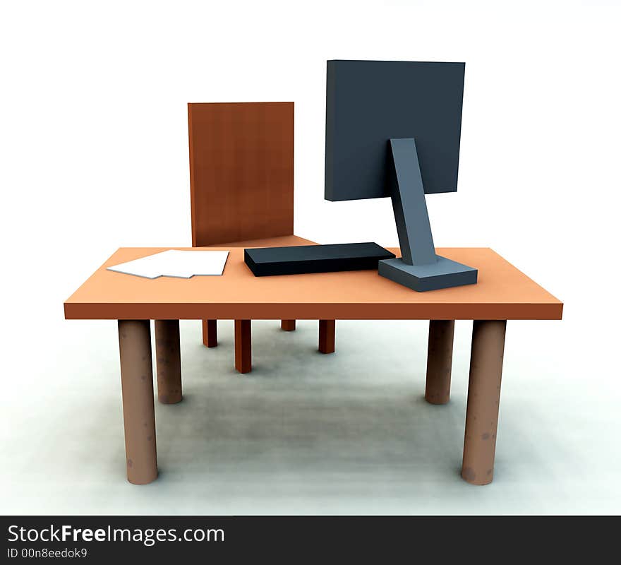 An image of a It office/work environment, it contains a desk with a chair and a computer with keyboard and paper. An image of a It office/work environment, it contains a desk with a chair and a computer with keyboard and paper.