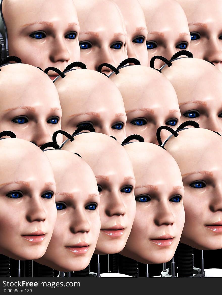 An image of lots of heads of technologically robotic women, it would make a interesting background. An image of lots of heads of technologically robotic women, it would make a interesting background.