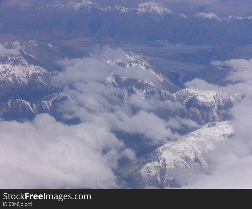 The aerial view of Southern Alps, New Zealand