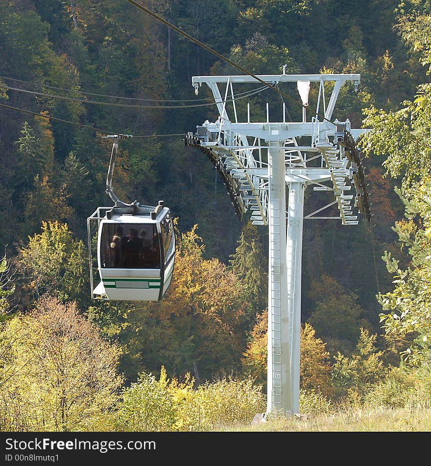 Cableway cabin passing under the support post