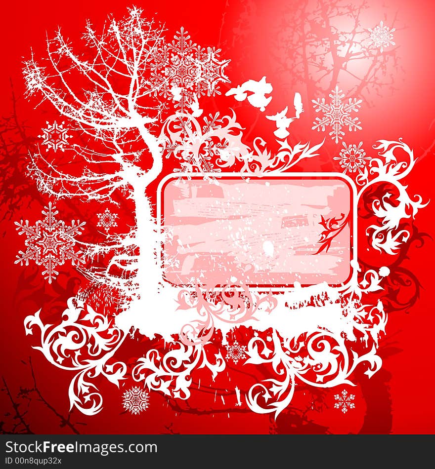 Vector snowflakes on red grunge floral background with tree, birds and frame. Vector snowflakes on red grunge floral background with tree, birds and frame