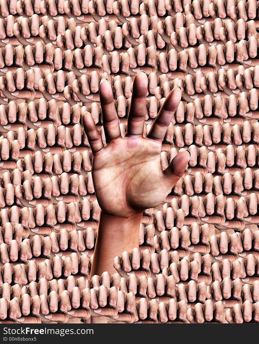 A background pattern full of hands, whilst the outreaching hand could represent the concepts of individuality, nonconformity or voting. A background pattern full of hands, whilst the outreaching hand could represent the concepts of individuality, nonconformity or voting.