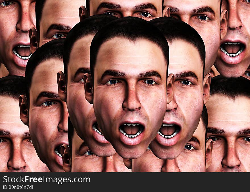 A conceptual image of a lot of cloned men in a state of fear. A conceptual image of a lot of cloned men in a state of fear.