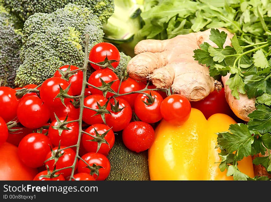 Set of different vegetables: tomatoes, paprika, ginger