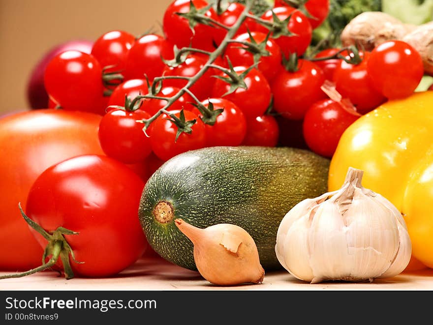 Set of different vegetables: tomatoes, paprika, ginger