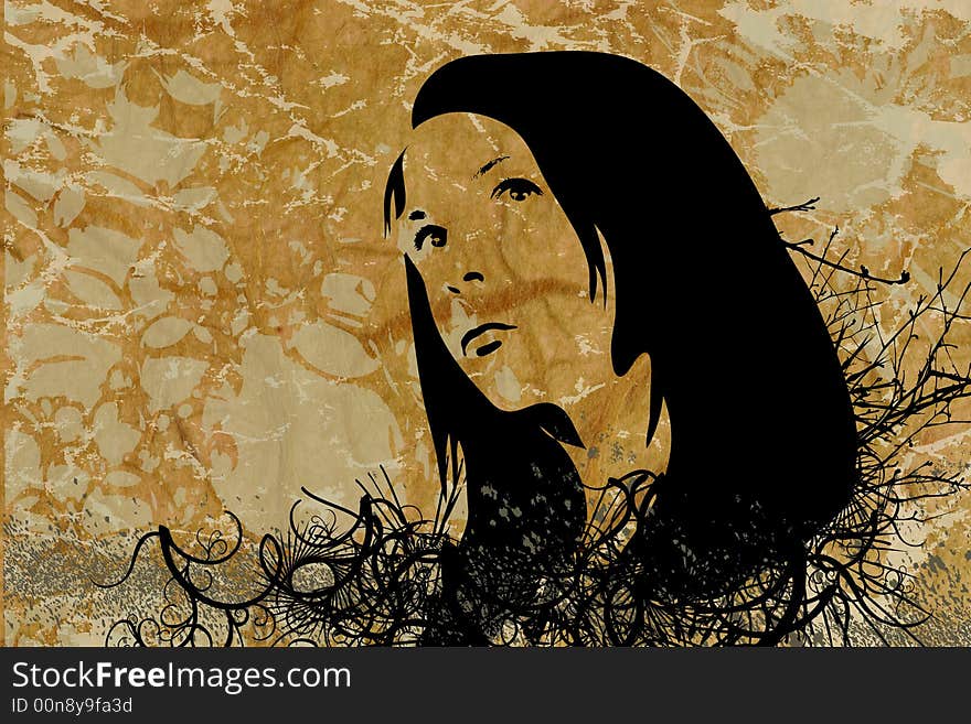 Hand drawn silhouette of a woman, grunge style