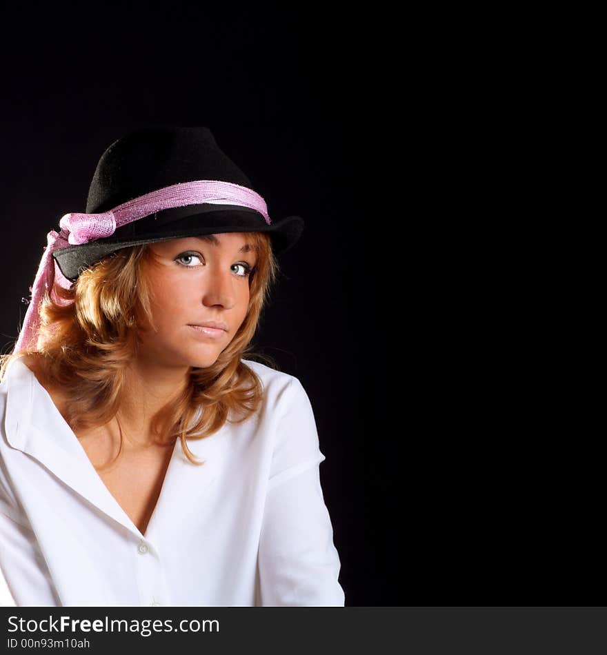 Beautiful young girl portrait in hat. Beautiful young girl portrait in hat