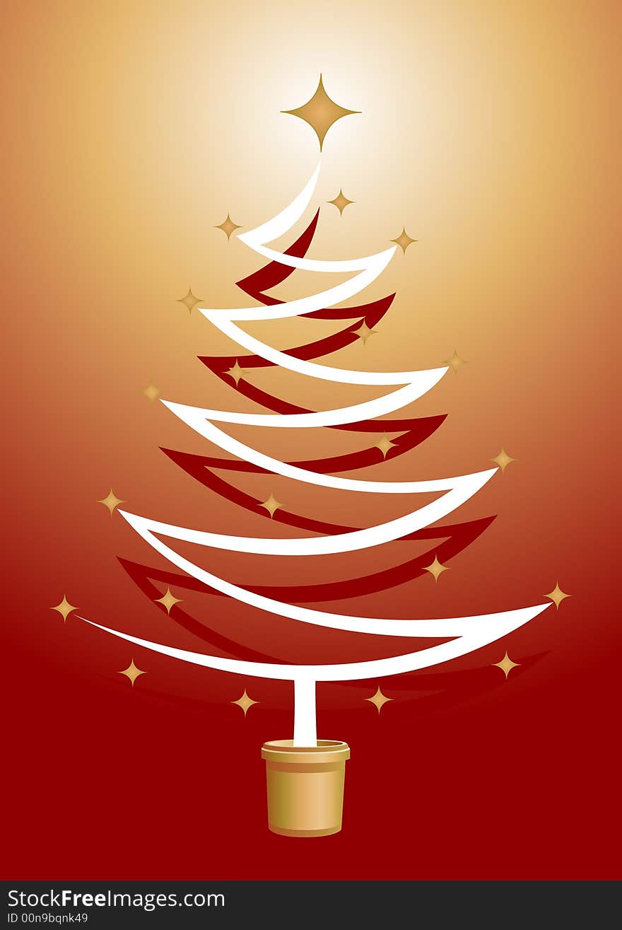 White and Red Christmas Tree Illustration with gold stars and a gold and red background