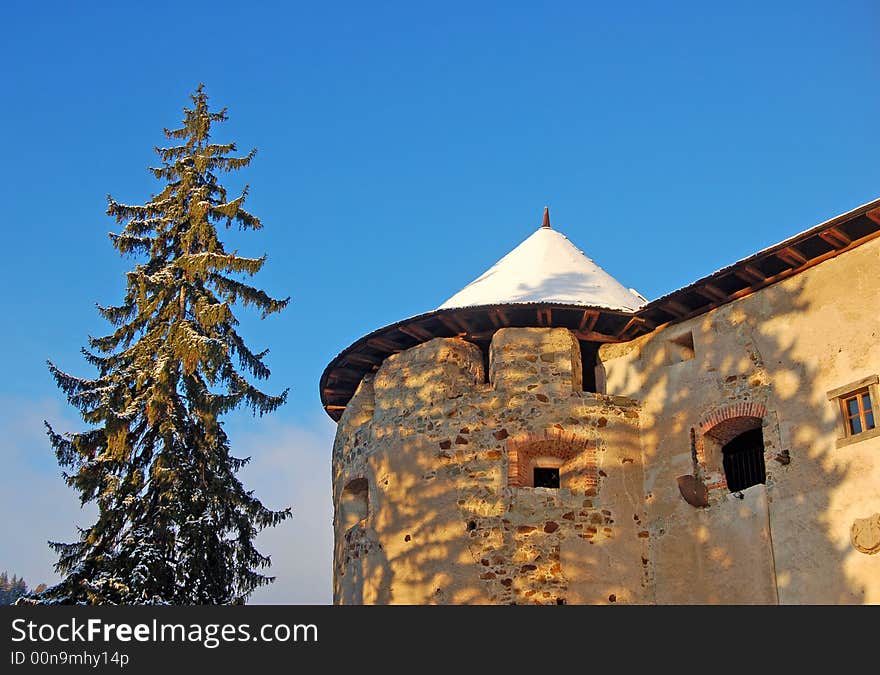 View on a tower of the castle in a clear winter day