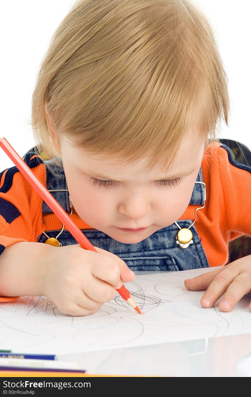 Close-up pretty baby draw color pencil over white background