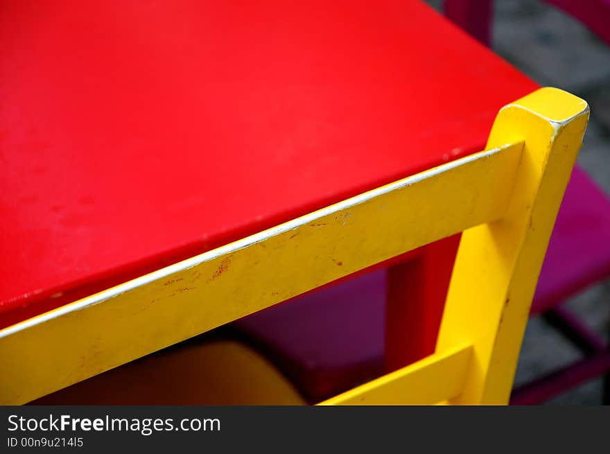 Red chair in restaurant, Skiathos, Greece