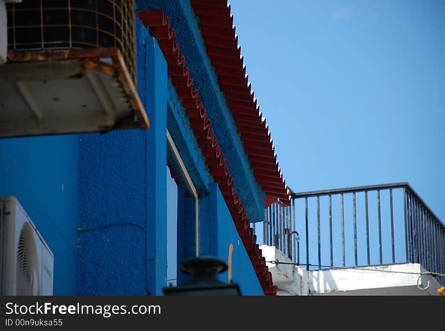 Blue facade on house in SKiathos, Greece