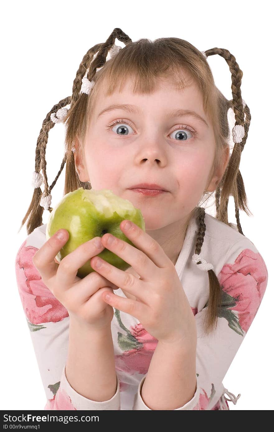 The beautiful girl with an apple on a white background. The beautiful girl with an apple on a white background