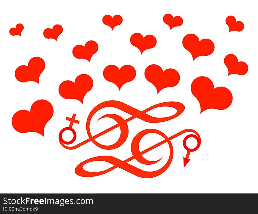 Red treble clefs and hearts on a white background. Red treble clefs and hearts on a white background