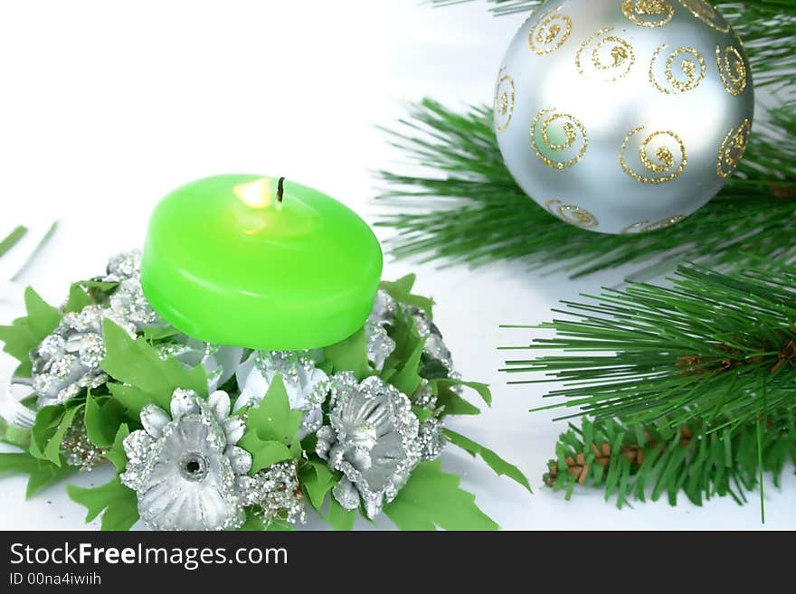 Christmas ornaments.Gray ball,fir-tree,candle,flowers.