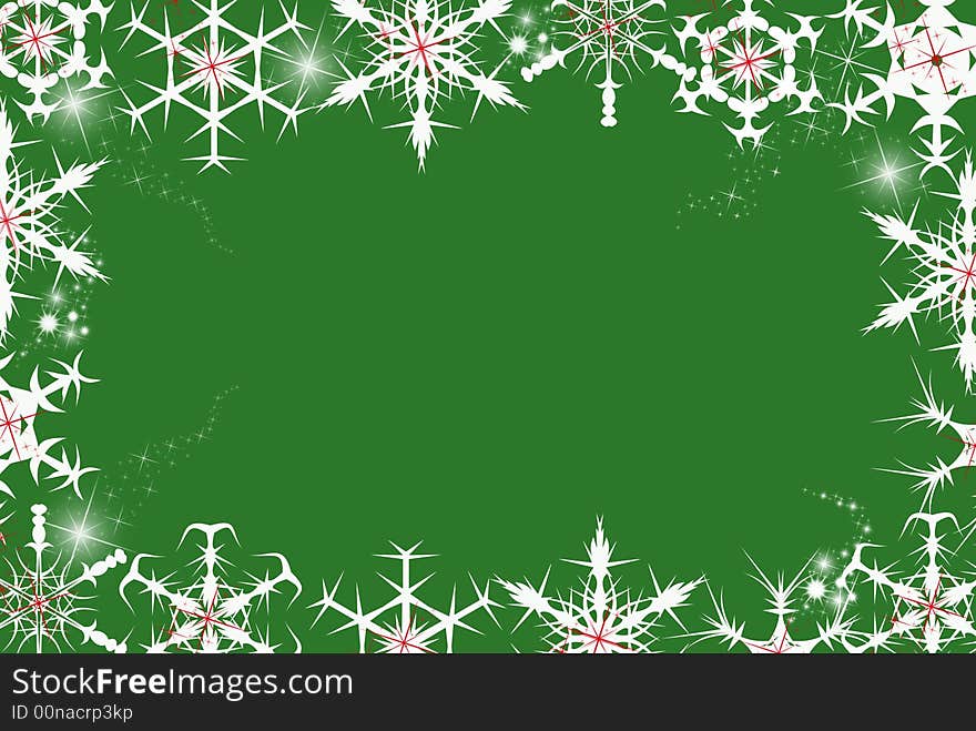 Holiday snowflakes bordering a green background. Holiday snowflakes bordering a green background.