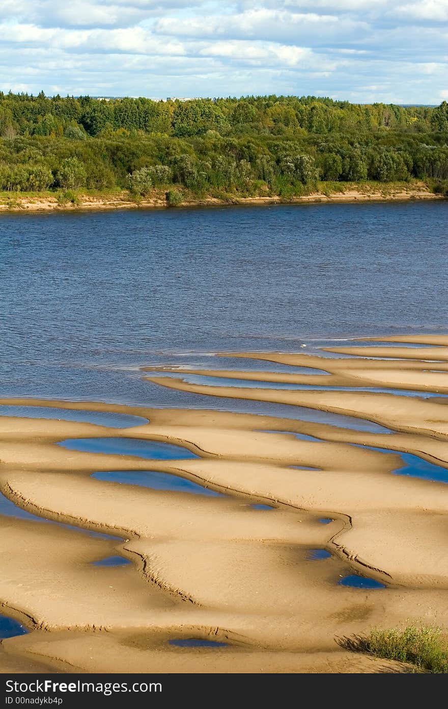 Blue forest river sand sky. Blue forest river sand sky