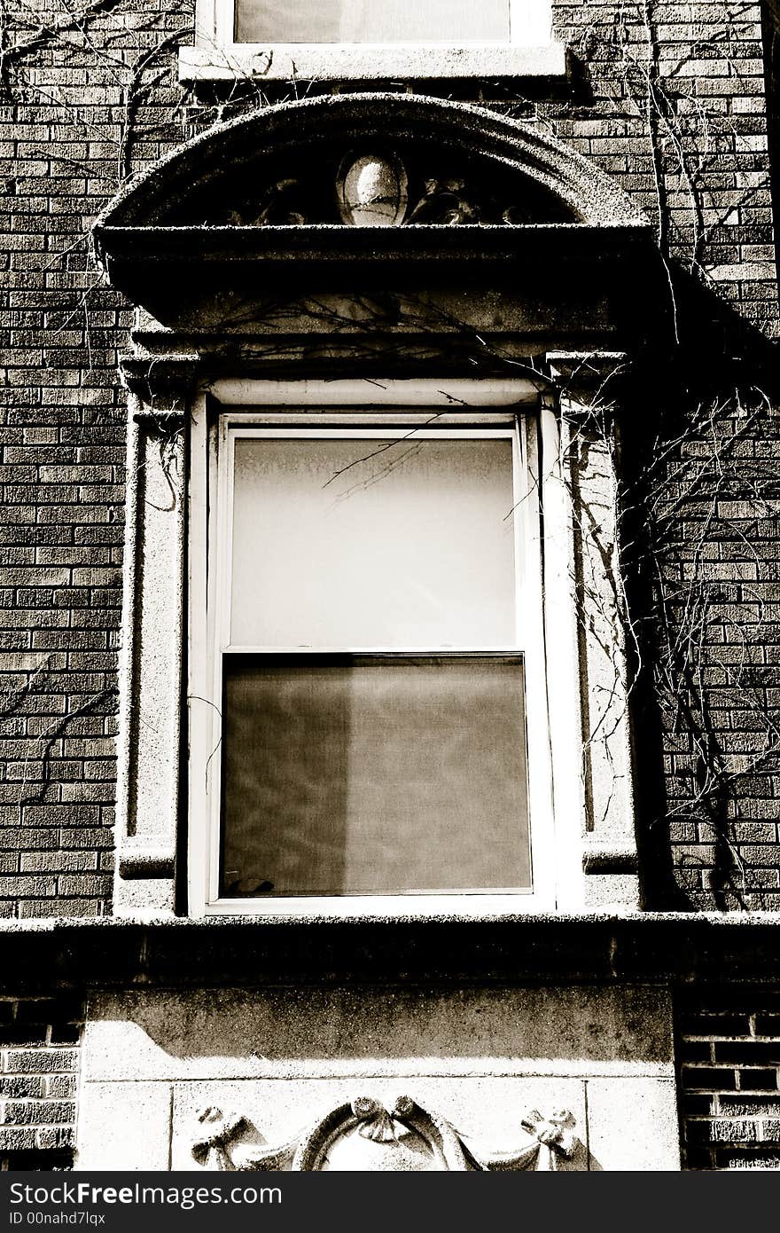 Old window with vines growing and rough stone texture on brick structure