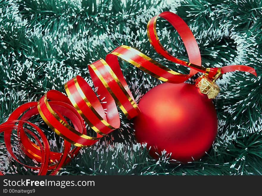 New Year's and  Christmas spheres and tinsel. New Year's and  Christmas spheres and tinsel